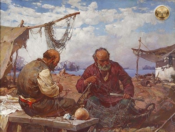 рыбаки перед чинят сети